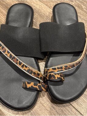 Black Slide Sandals with Leopard Accent and Rhinestone Strap
